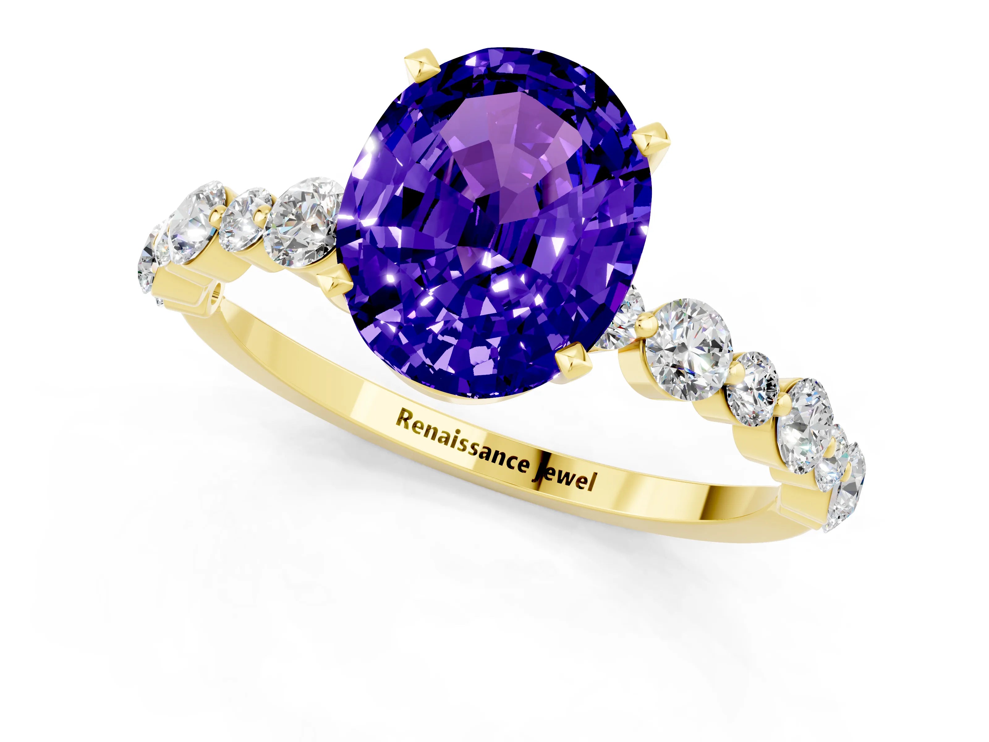 Yellow gold Oval Cut Tanzanite Prong Set Engagement Ring with Pavé Band_1