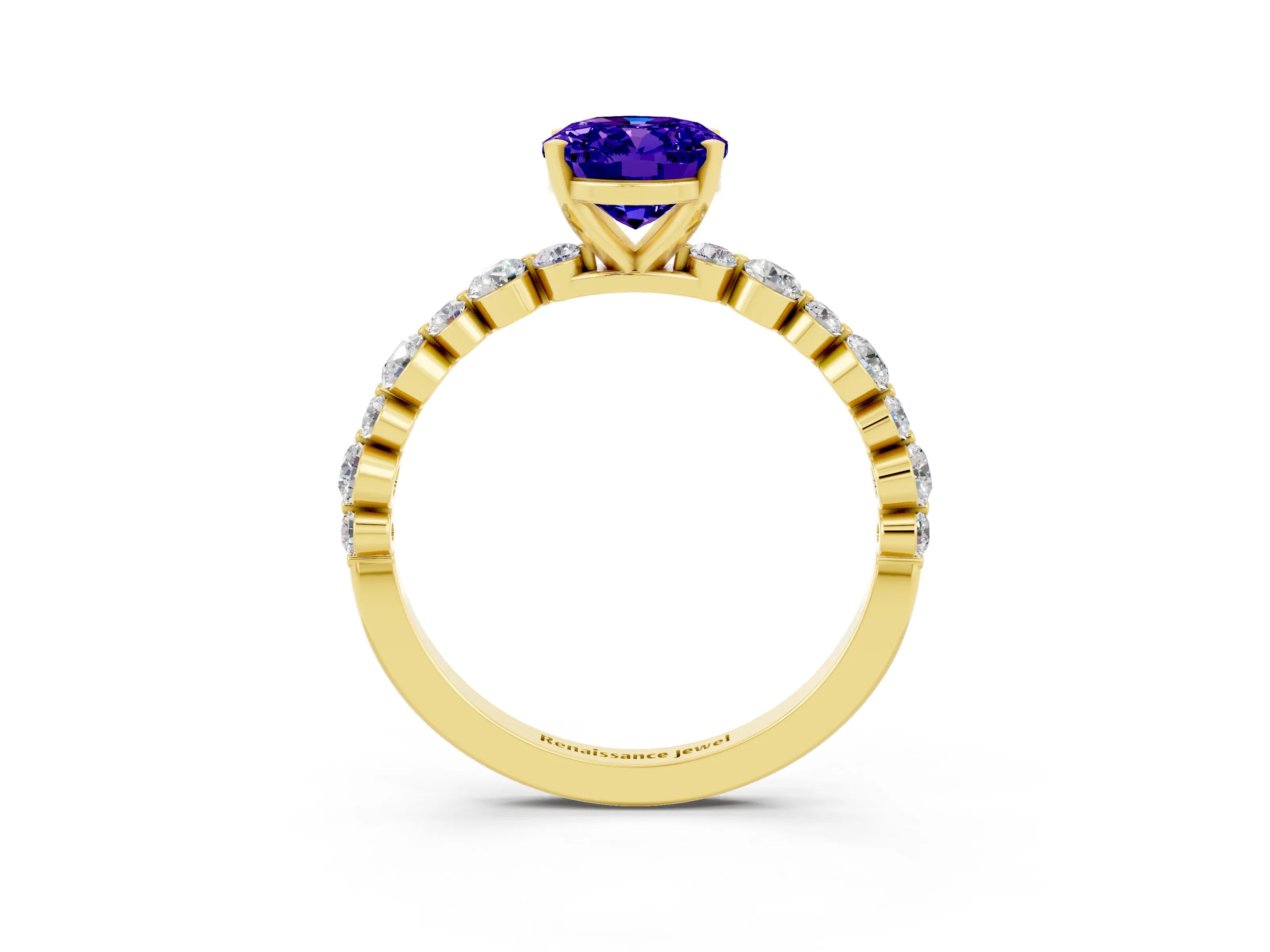 Yellow gold Oval Cut Tanzanite Prong Set Engagement Ring with Pavé Band_3
