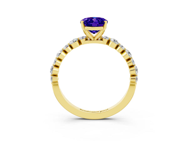 Yellow gold Oval Cut Tanzanite Prong Set Engagement Ring with Pavé Band