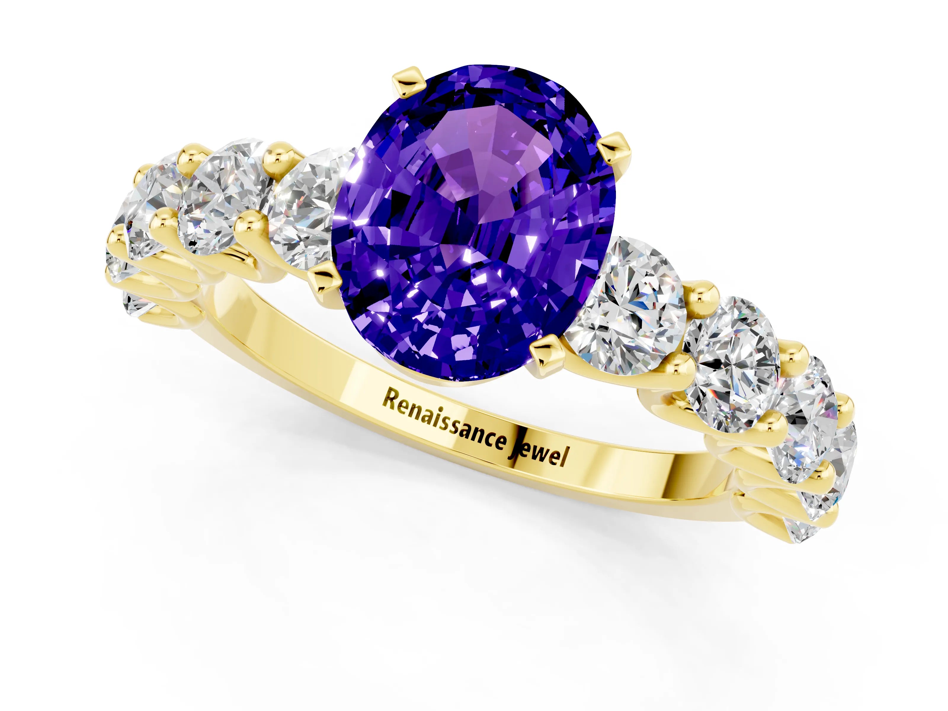 Yellow gold Oval Cut Tanzanite Prong Setting with Side Stones on a Pave Band_1