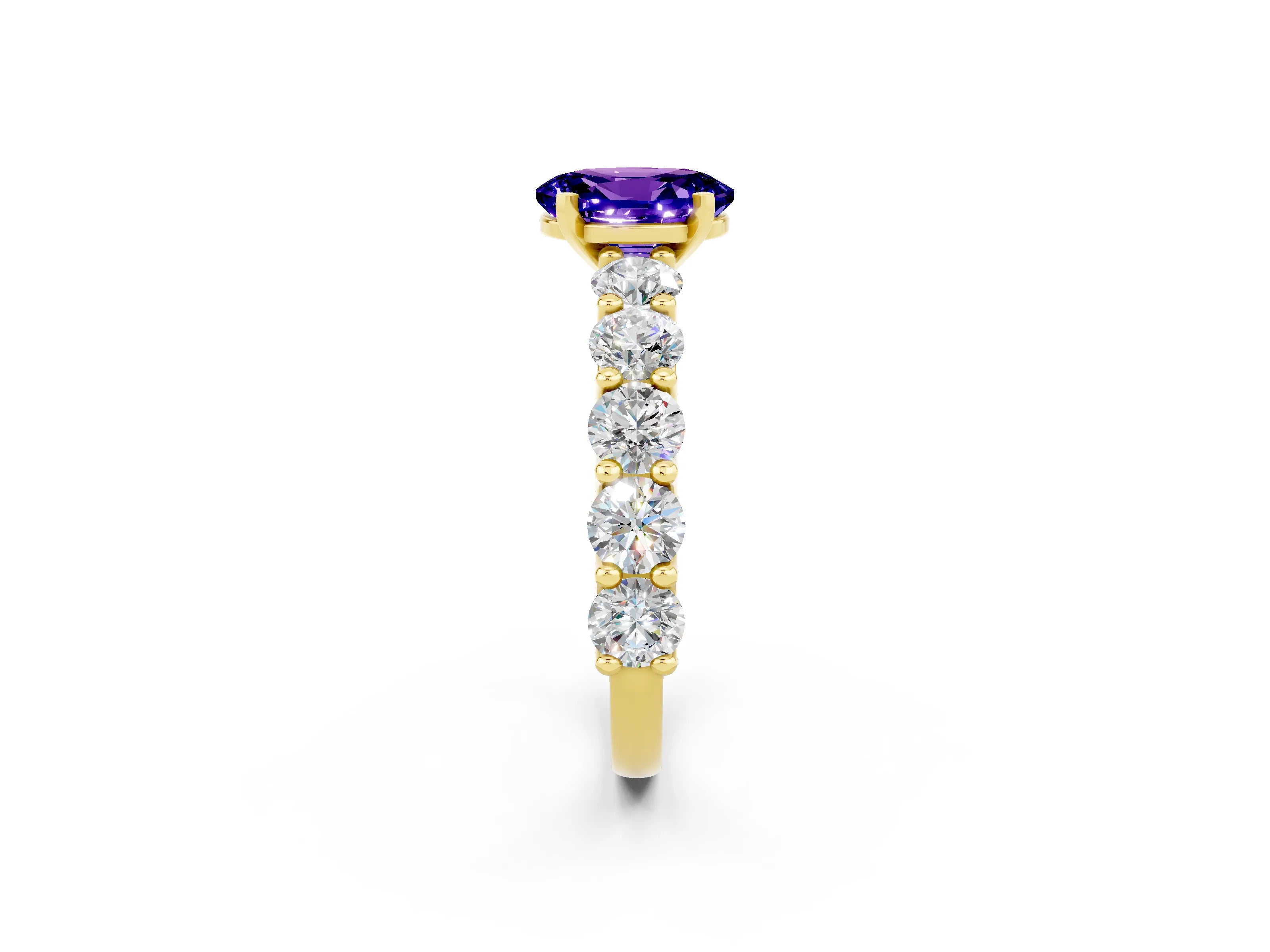 Yellow gold Oval Cut Tanzanite Prong Setting with Side Stones on a Pave Band_2