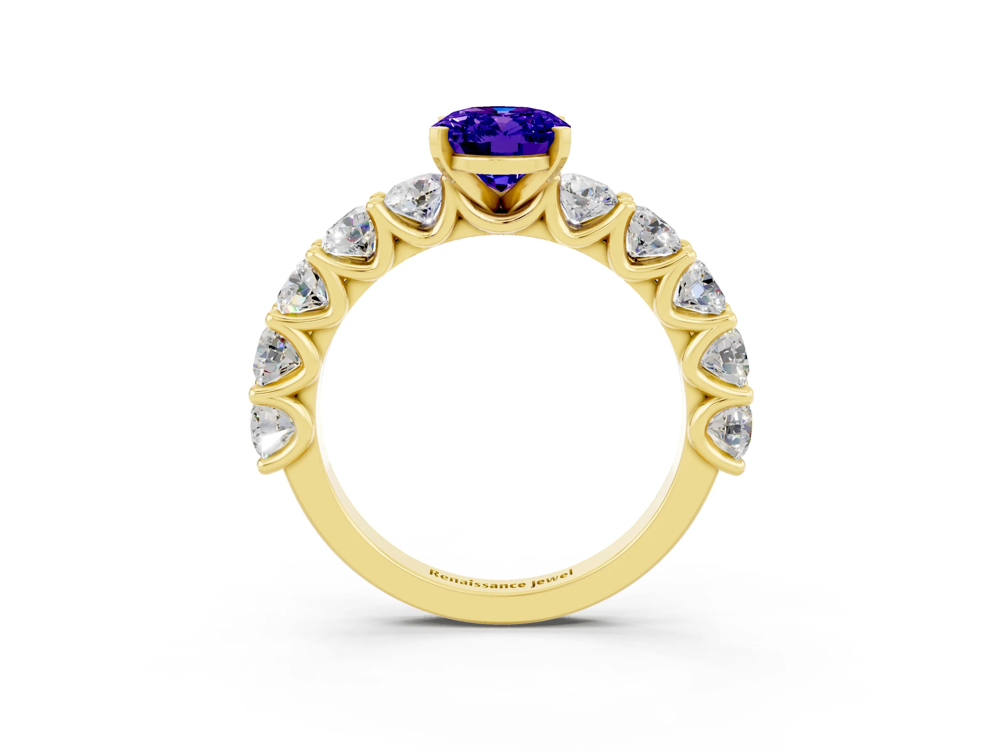 Yellow gold Oval Cut Tanzanite Prong Setting with Side Stones on a Pave Band_3