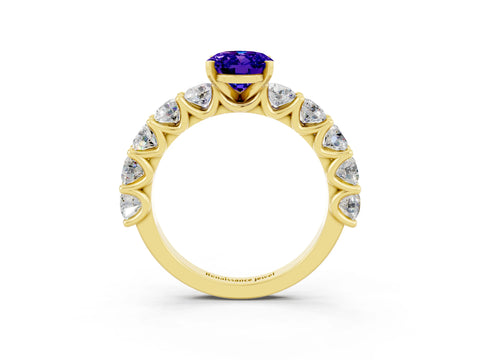 Yellow gold Oval Cut Tanzanite Prong Setting with Side Stones on a Pave Band_3