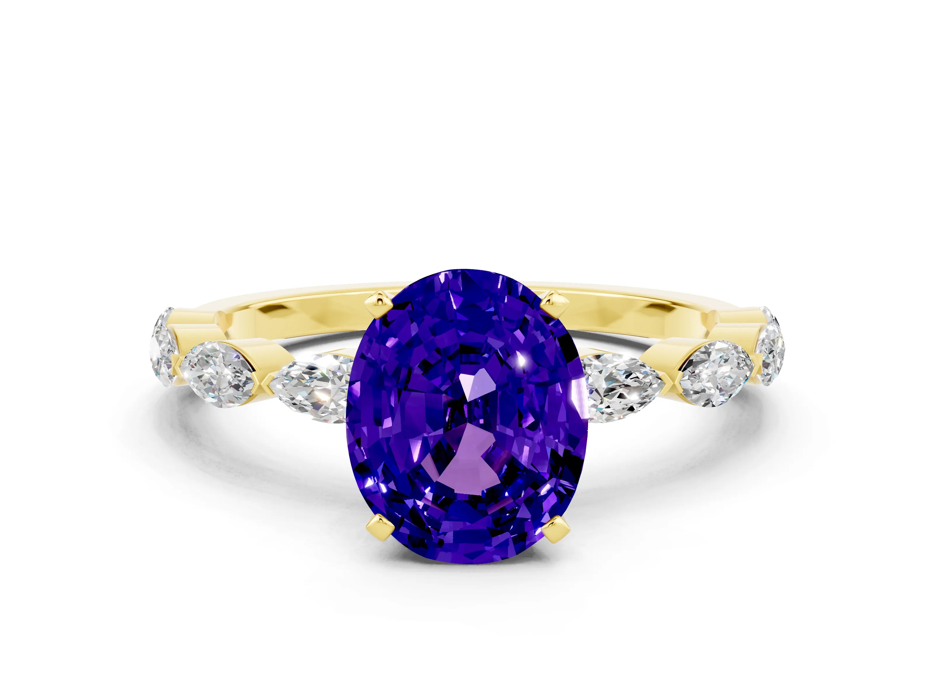 Yellow gold Oval Cut Tanzanite Ring with Marquise Side Stones and Prong Setting