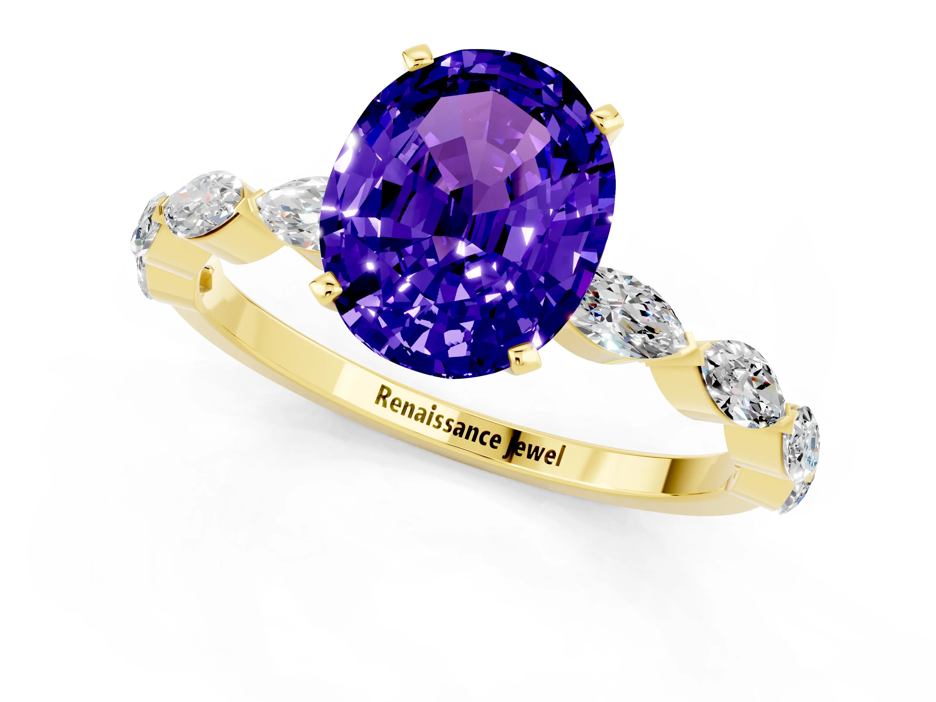 Yellow gold Oval Cut Tanzanite Ring with Marquise Side Stones and Prong Setting_1