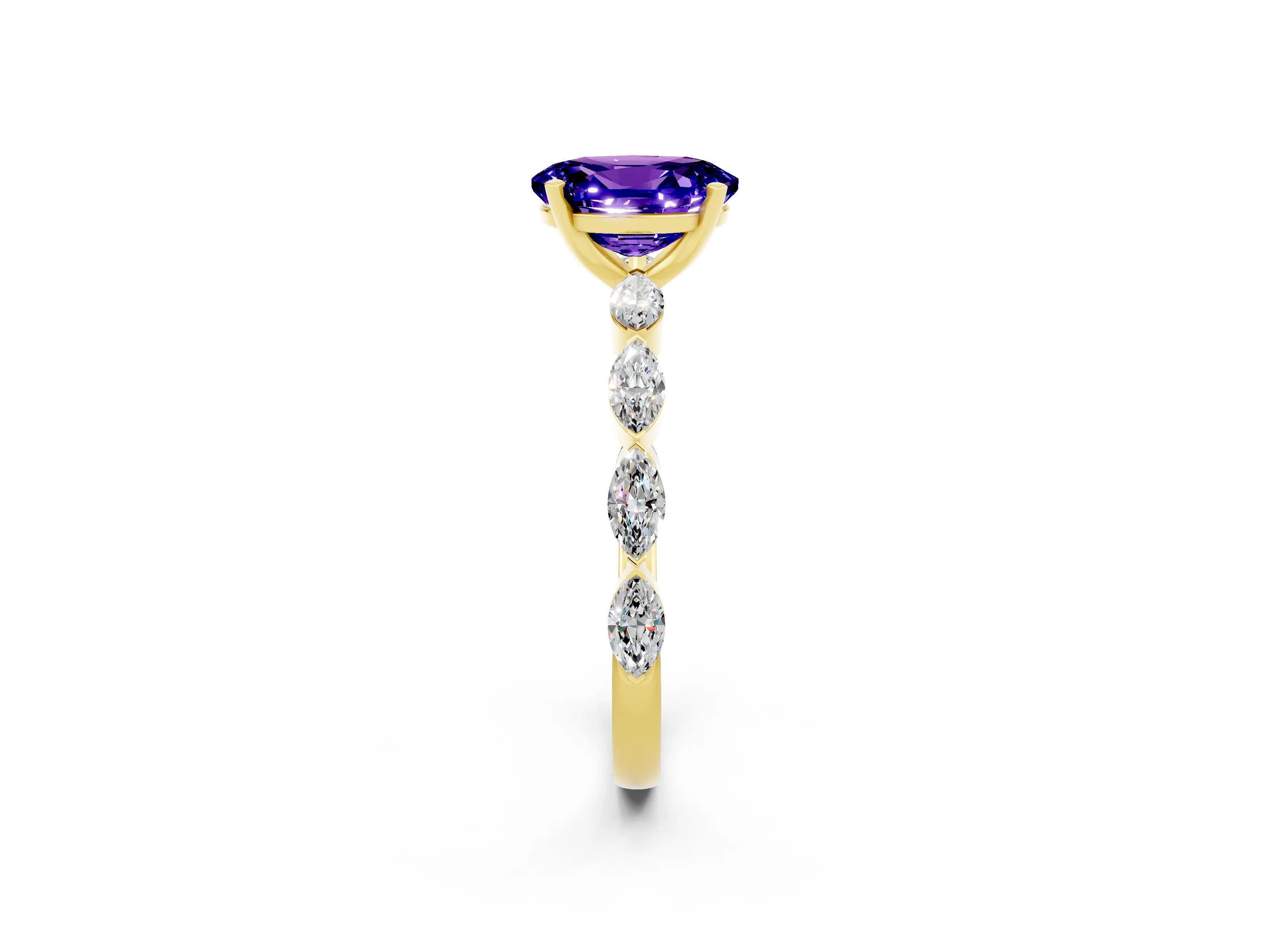 Yellow gold Oval Cut Tanzanite Ring with Marquise Side Stones and Prong Setting_2