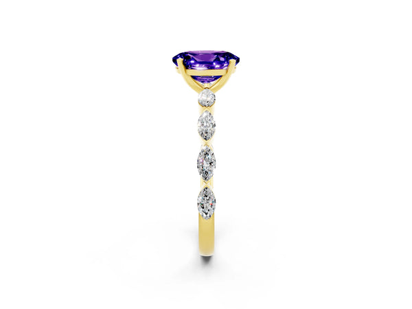Yellow gold Oval Cut Tanzanite Ring with Marquise Side Stones and Prong Setting