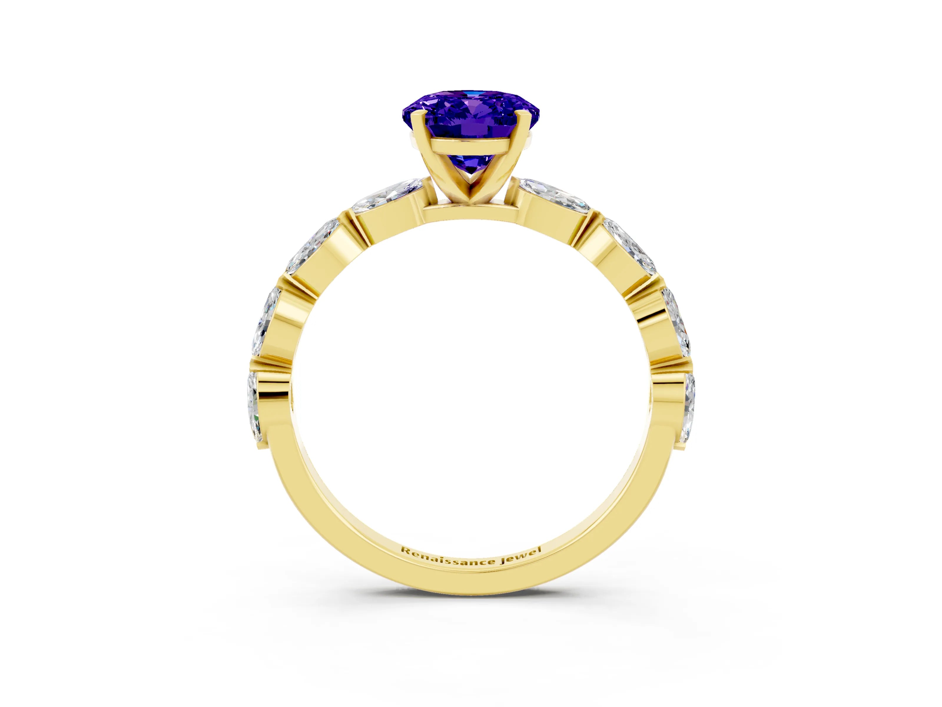 Yellow gold Oval Cut Tanzanite Ring with Marquise Side Stones and Prong Setting_3