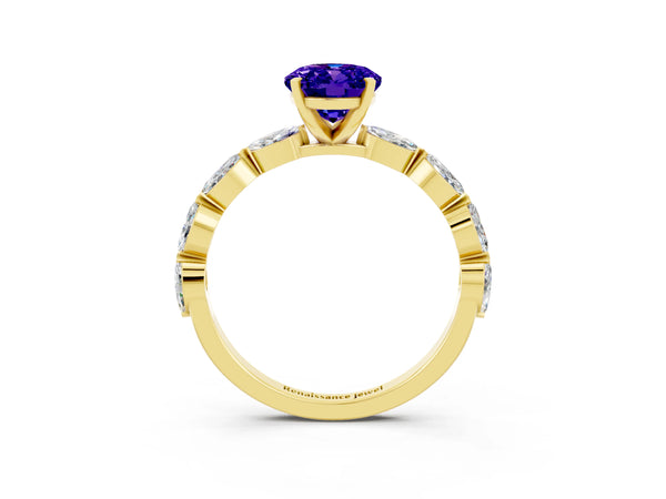 Yellow gold Oval Cut Tanzanite Ring with Marquise Side Stones and Prong Setting