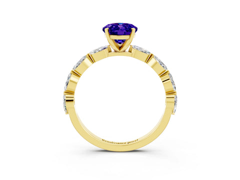Yellow gold Oval Cut Tanzanite Ring with Marquise Side Stones and Prong Setting_3
