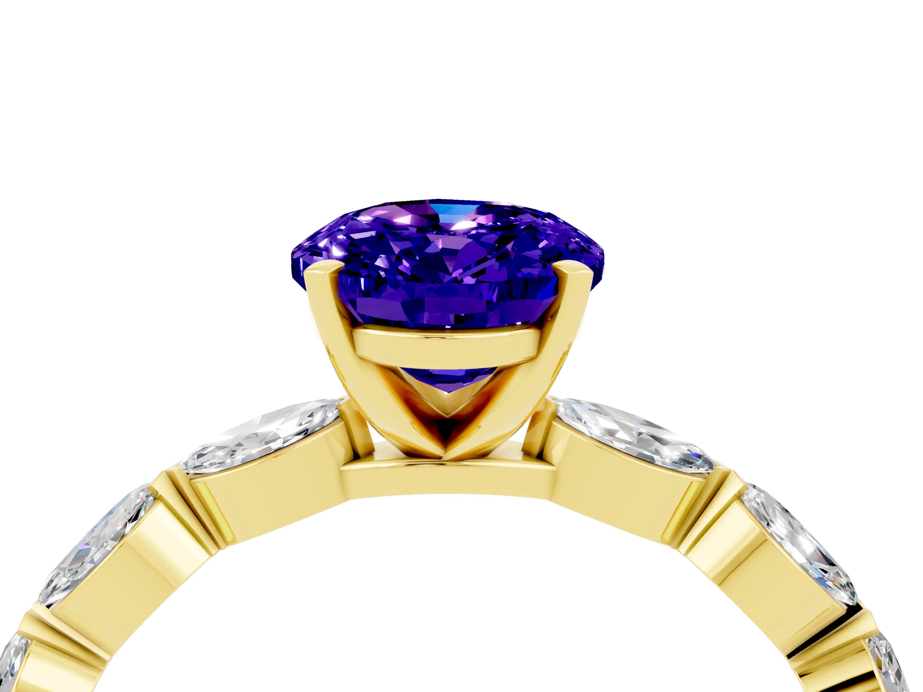 Yellow gold Oval Cut Tanzanite Ring with Marquise Side Stones and Prong Setting_4