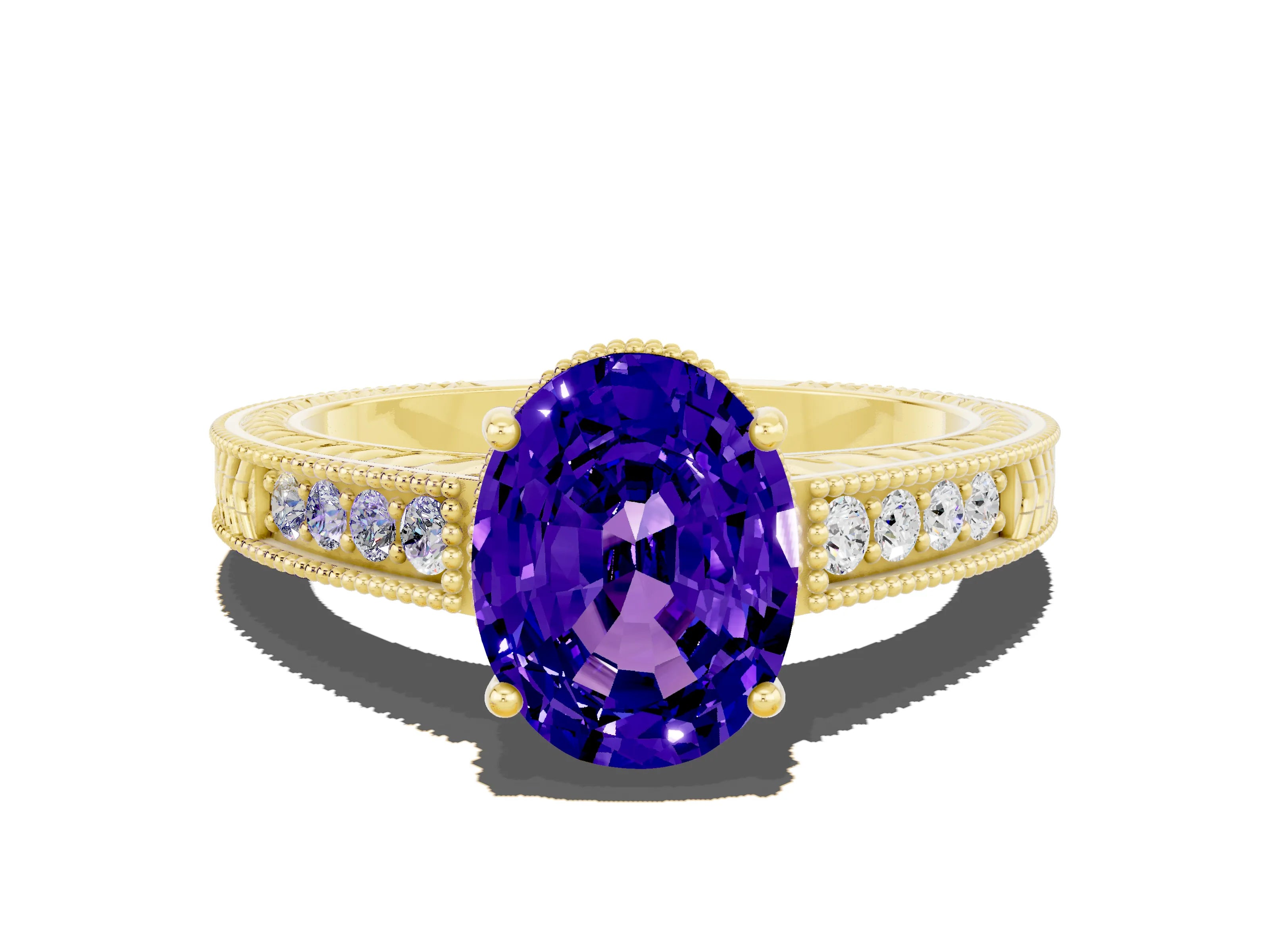 Yellow gold Oval Cut Tanzanite Ring with Milgrain Pavé Band and Four-Prong Setting_12
