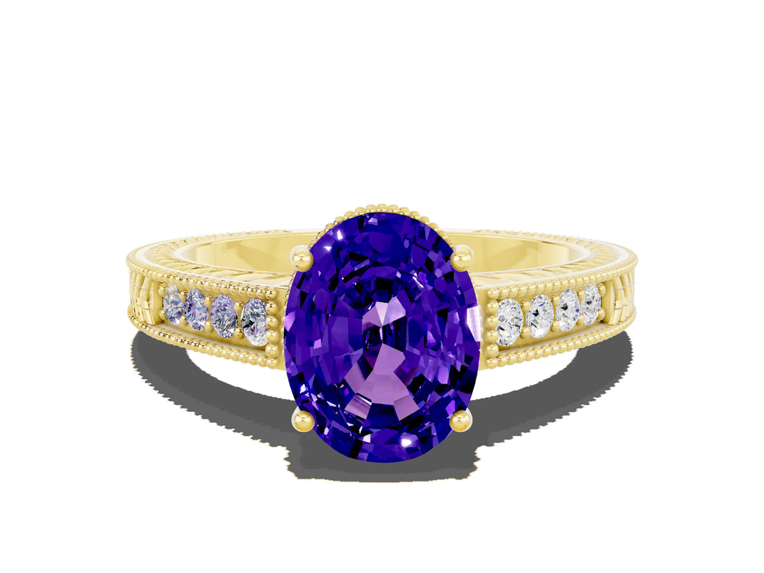 Yellow gold Oval Cut Tanzanite Ring with Milgrain Pavé Band and Four-Prong Setting_12