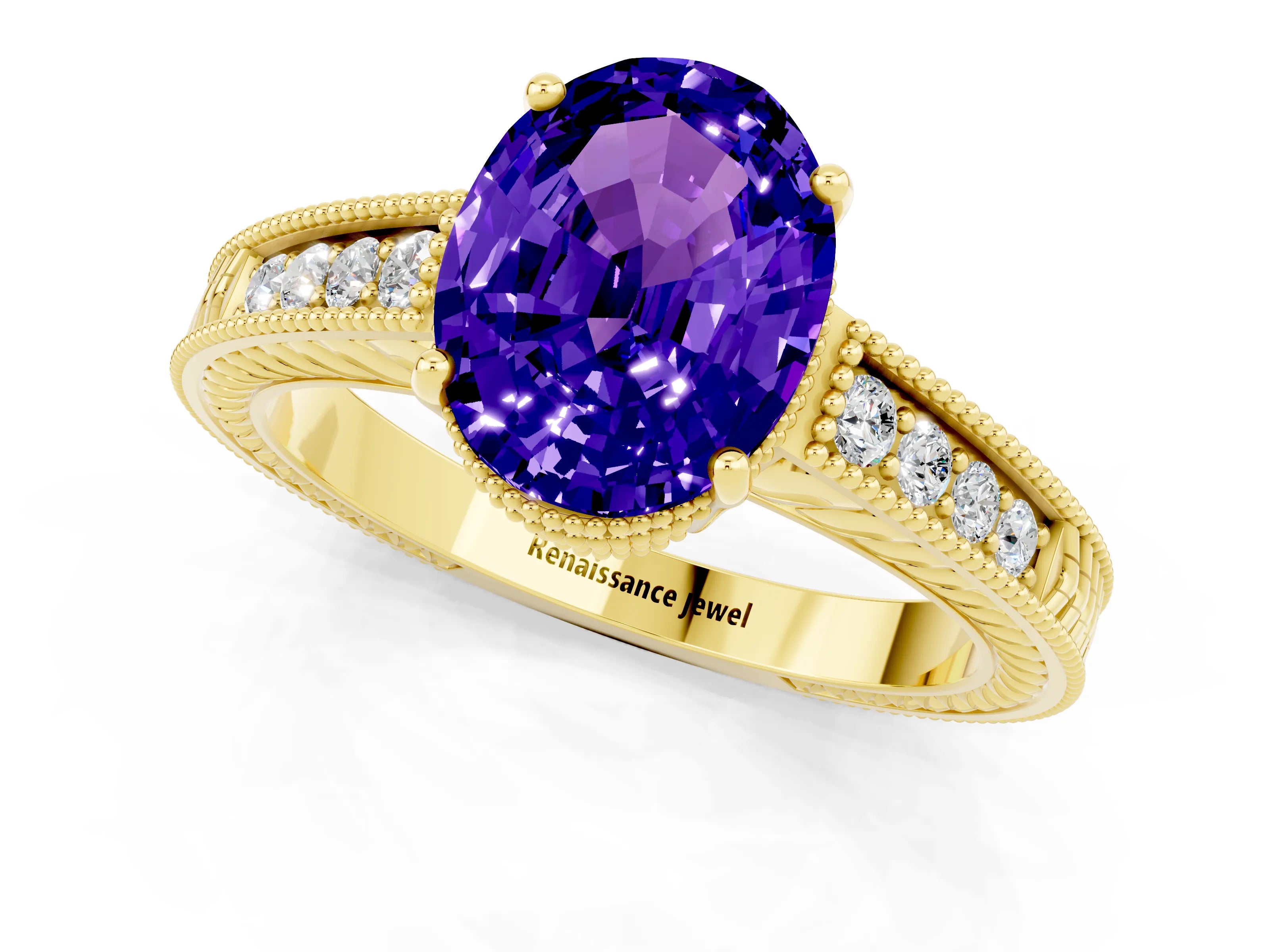Yellow gold Oval Cut Tanzanite Ring with Milgrain Pavé Band and Four-Prong Setting_13