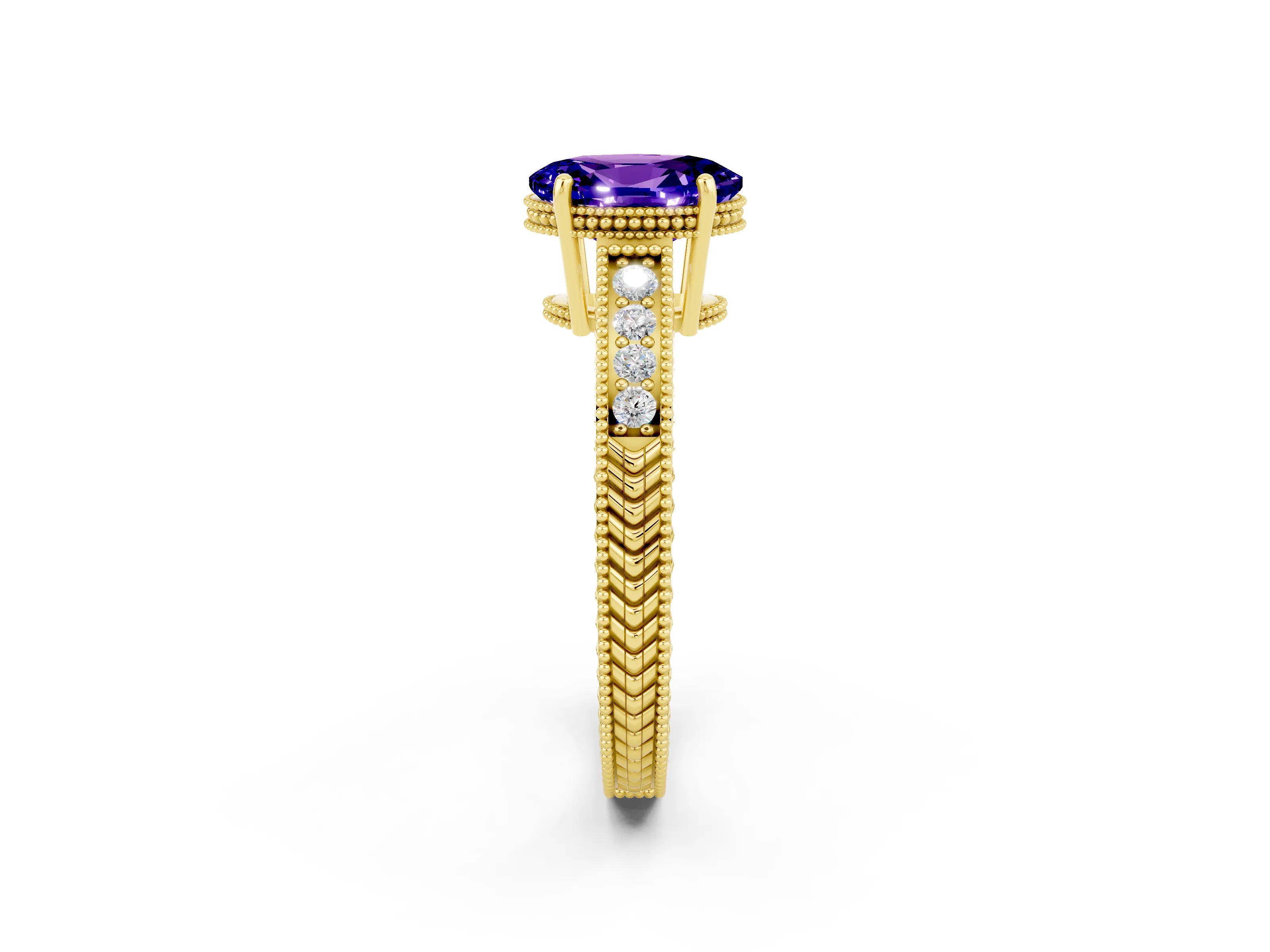 Yellow gold Oval Cut Tanzanite Ring with Milgrain Pavé Band and Four-Prong Setting_14