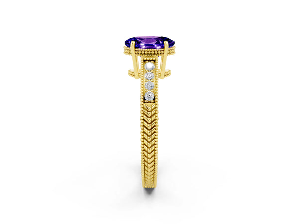 Yellow gold Oval Cut Tanzanite Ring with Milgrain Pavé Band and Four-Prong Setting