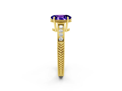 Yellow gold Oval Cut Tanzanite Ring with Milgrain Pavé Band and Four-Prong Setting_14