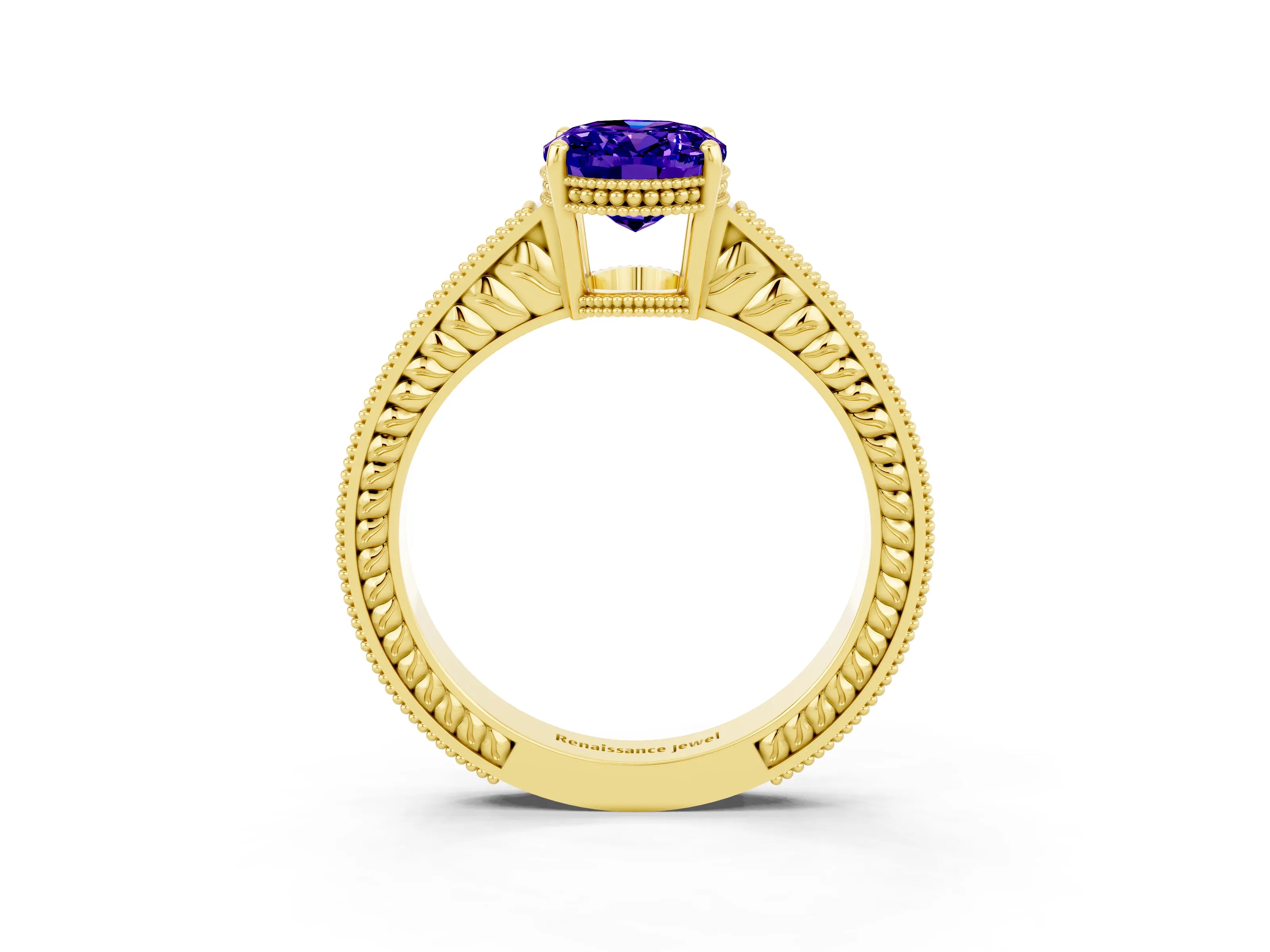 Yellow gold Oval Cut Tanzanite Ring with Milgrain Pavé Band and Four-Prong Setting_15