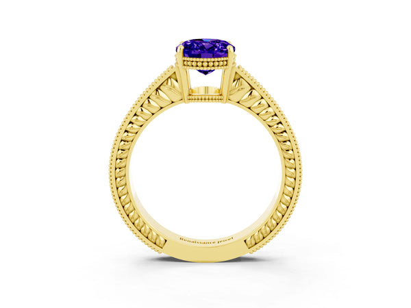 Yellow gold Oval Cut Tanzanite Ring with Milgrain Pavé Band and Four-Prong Setting