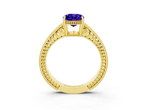 Yellow gold Oval Cut Tanzanite Ring with Milgrain Pavé Band and Four-Prong Setting_15
