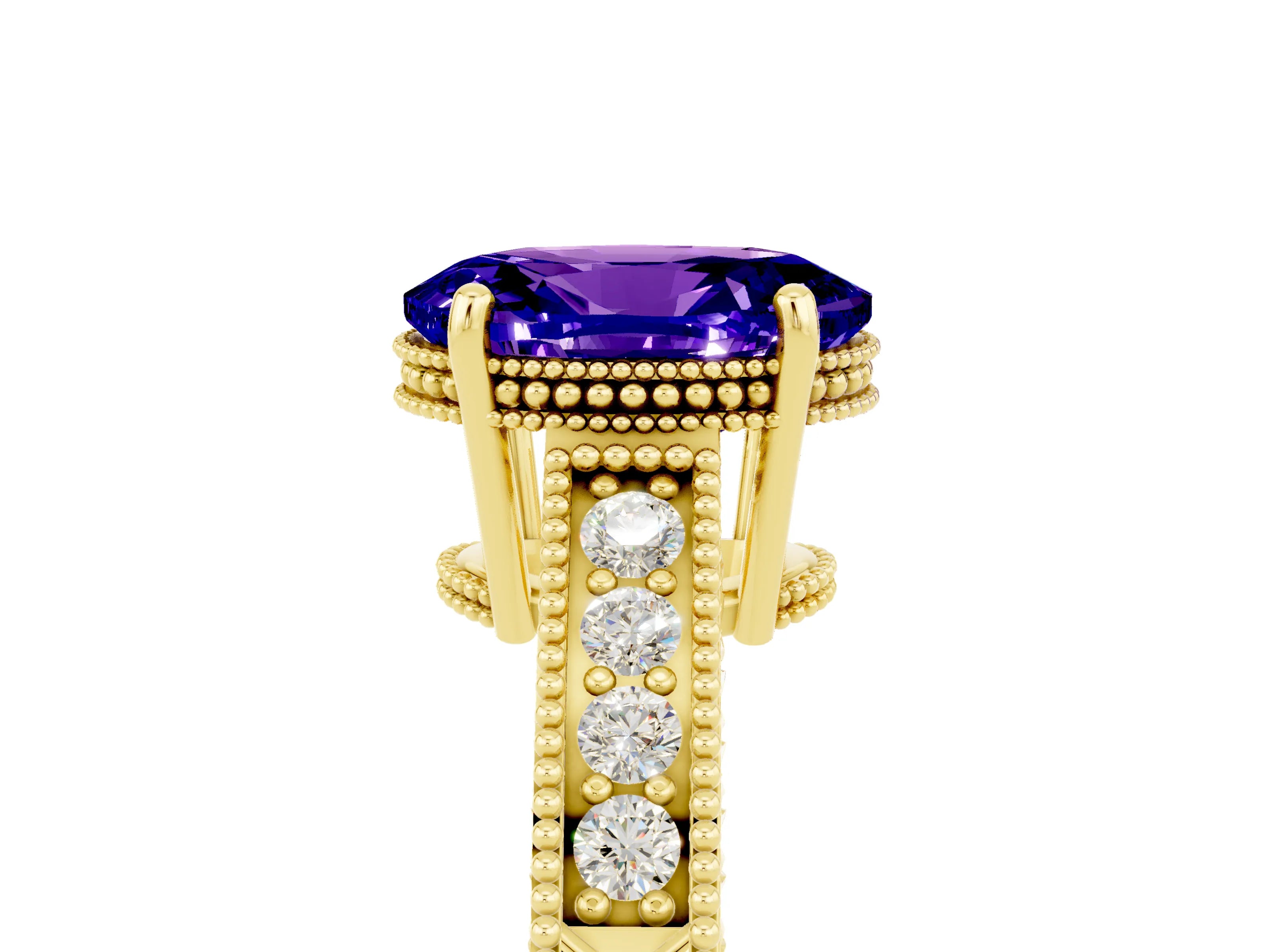 Yellow gold Oval Cut Tanzanite Ring with Milgrain Pavé Band and Four-Prong Setting_17