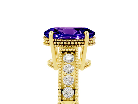 Yellow gold Oval Cut Tanzanite Ring with Milgrain Pavé Band and Four-Prong Setting_17