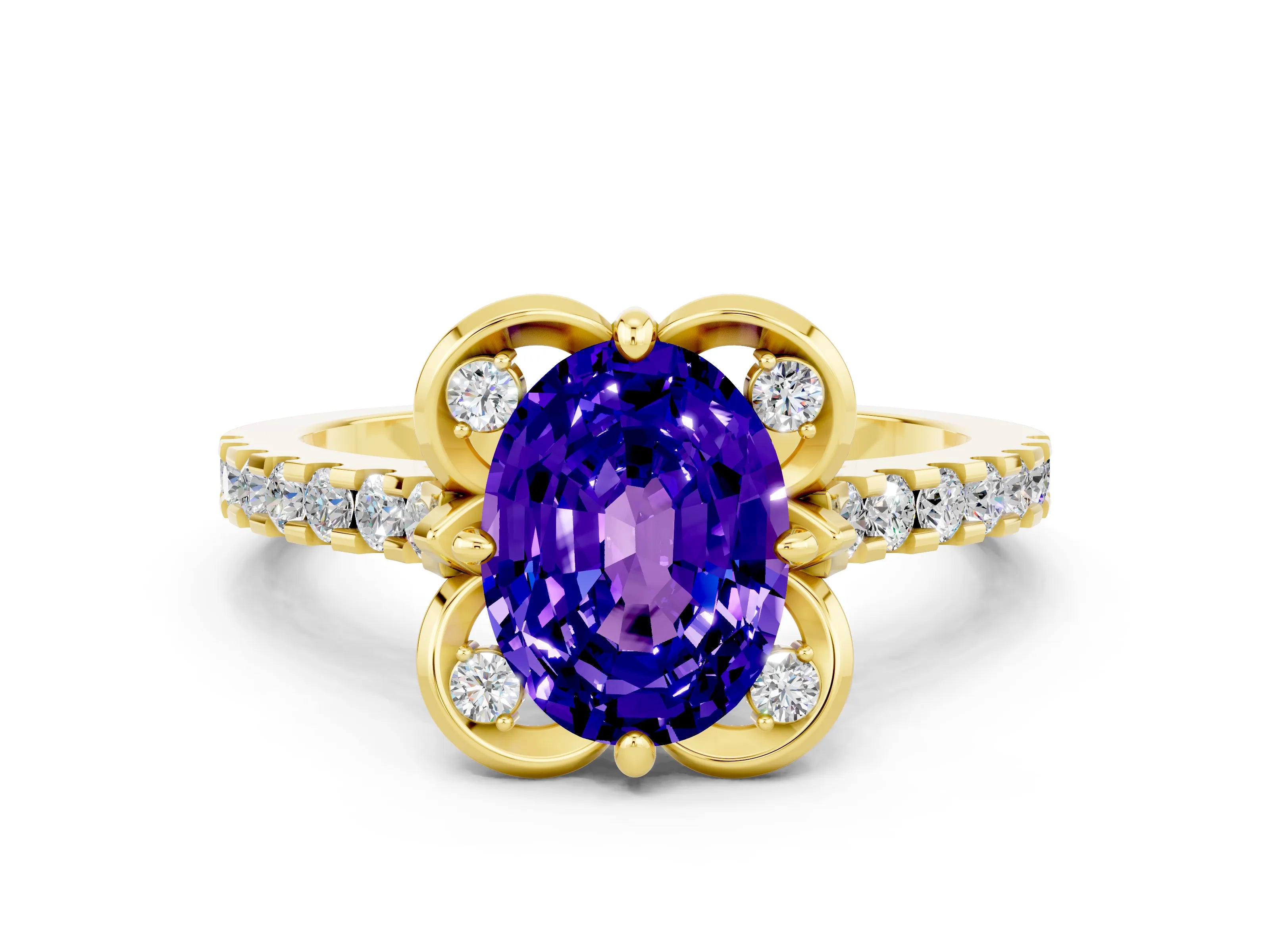 Yellow gold Oval Cut Tanzanite Ring with Pavé Band and Floral Prong Setting
