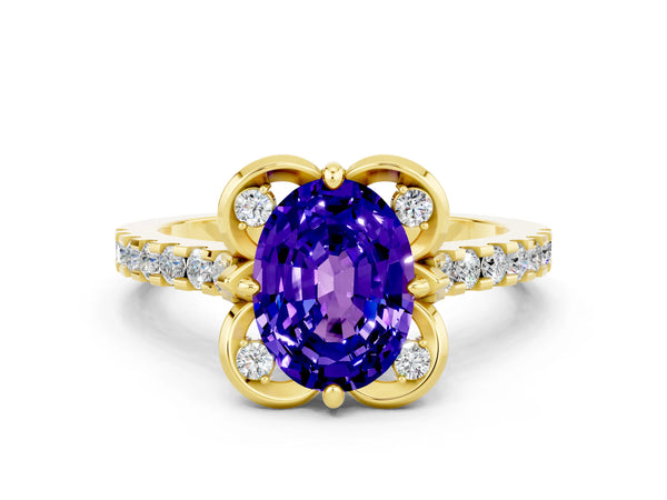 Yellow gold Oval Cut Tanzanite Ring with Pavé Band and Floral Prong Setting