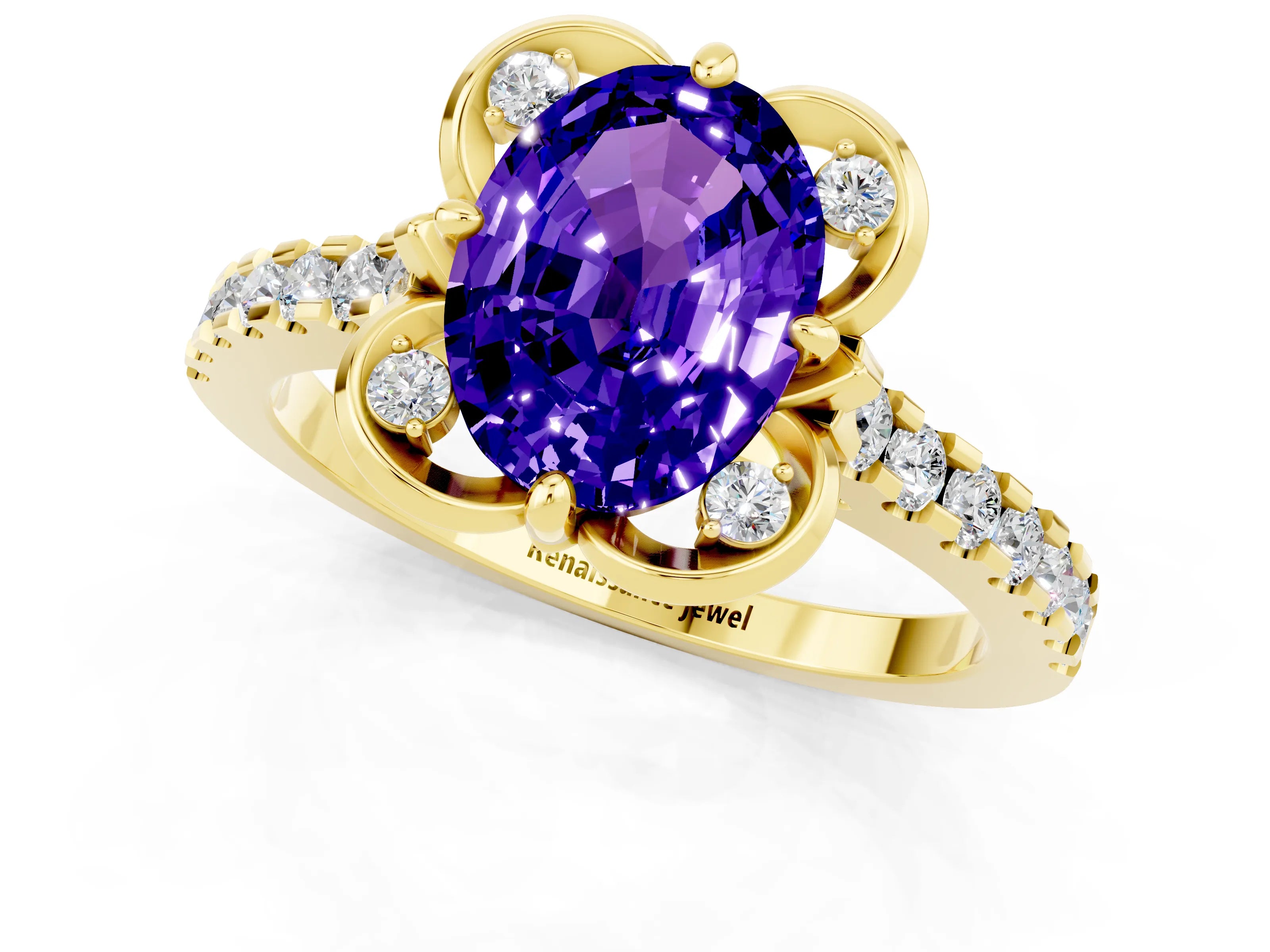 Yellow gold Oval Cut Tanzanite Ring with Pavé Band and Floral Prong Setting_1