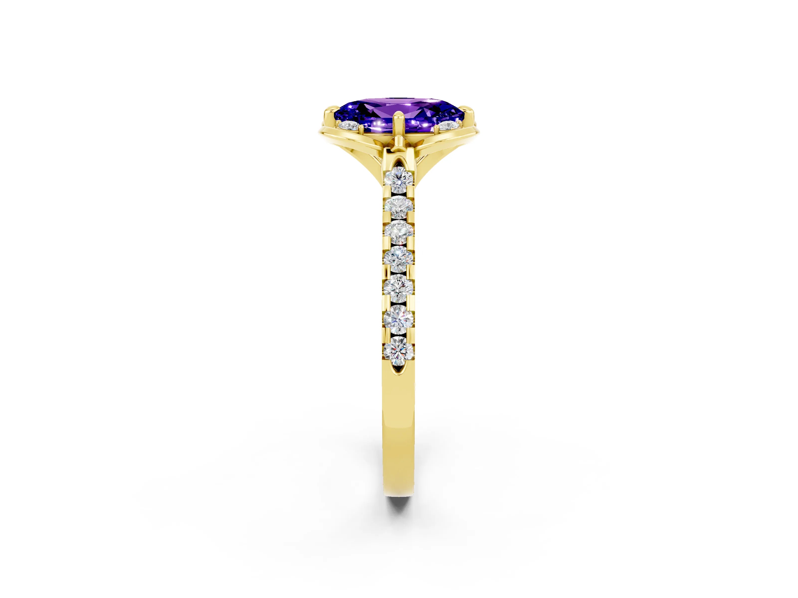 Yellow gold Oval Cut Tanzanite Ring with Pavé Band and Floral Prong Setting_2