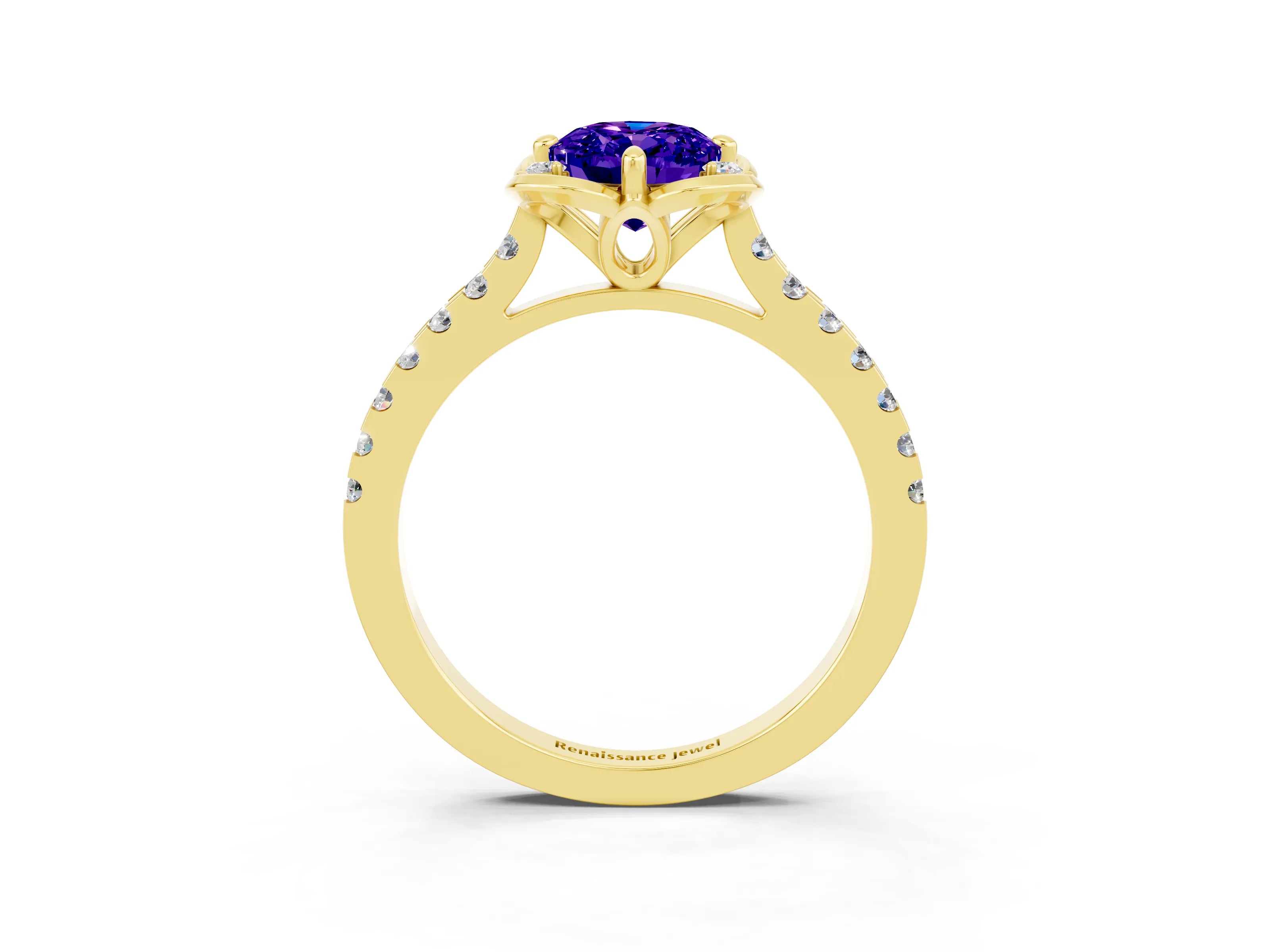 Yellow gold Oval Cut Tanzanite Ring with Pavé Band and Floral Prong Setting_3