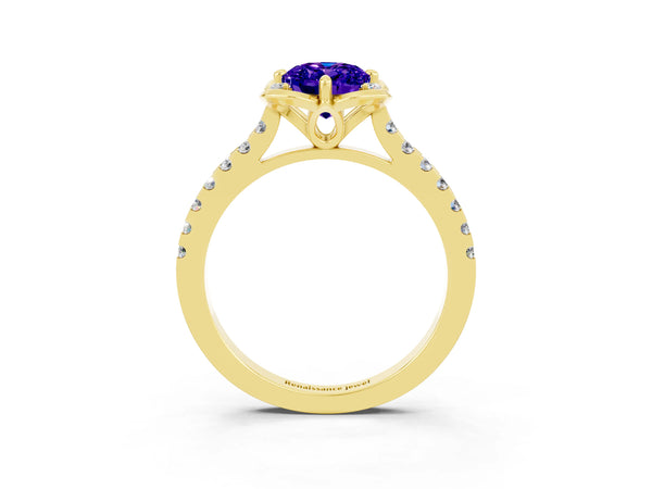 Yellow gold Oval Cut Tanzanite Ring with Pavé Band and Floral Prong Setting