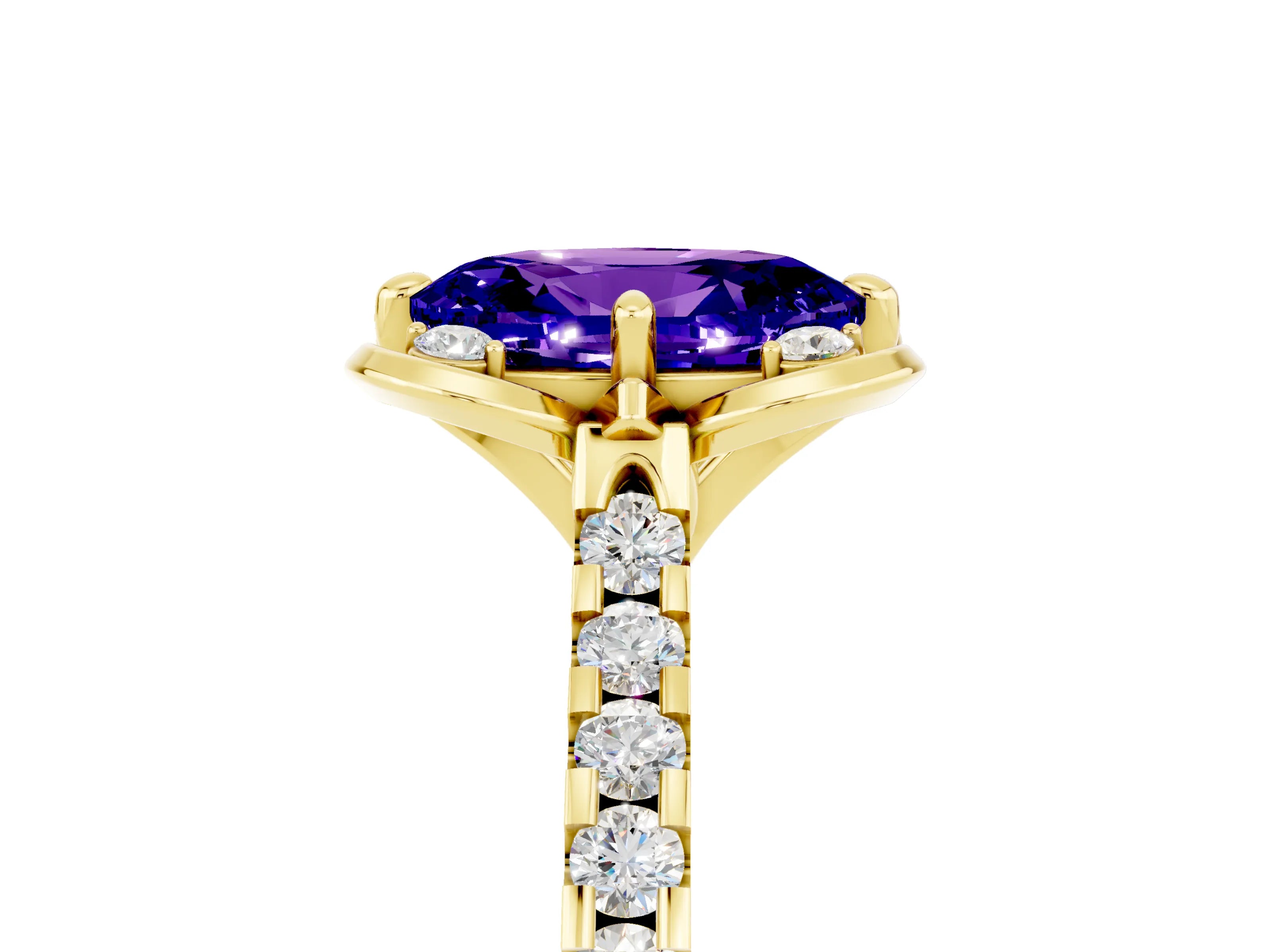 Yellow gold Oval Cut Tanzanite Ring with Pavé Band and Floral Prong Setting_5
