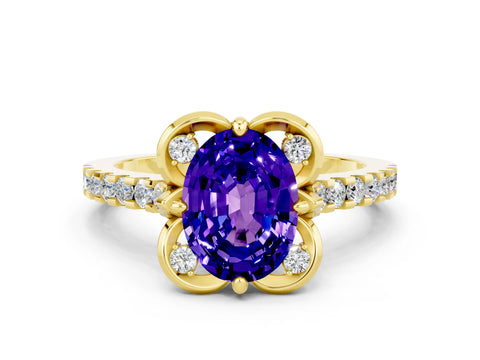 Yellow gold Oval Cut Tanzanite Ring with Pavé Band and Floral Prong Setting