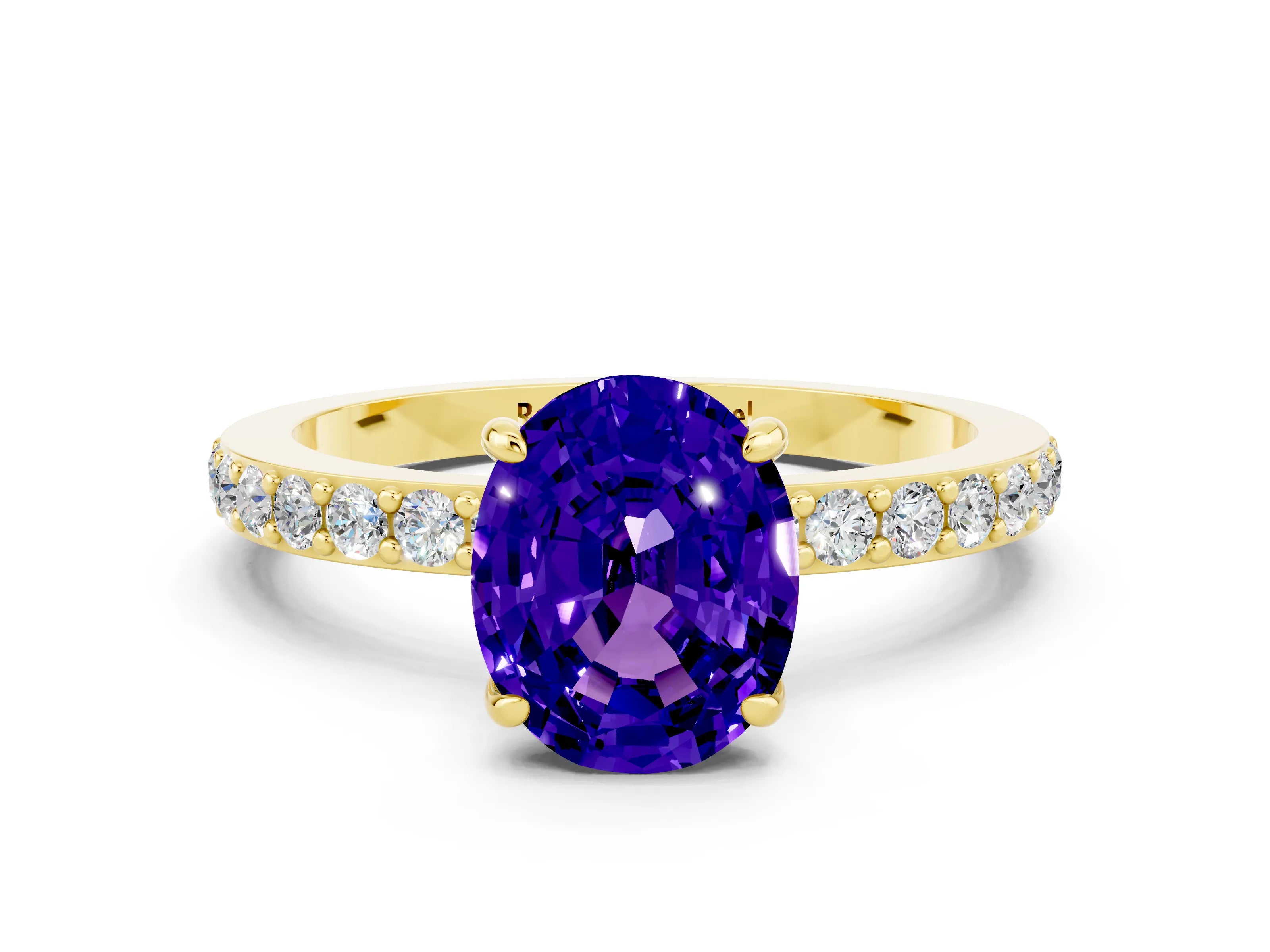 Yellow gold Oval Cut Tanzanite Ring with Pavé Band and Four-Prong Setting