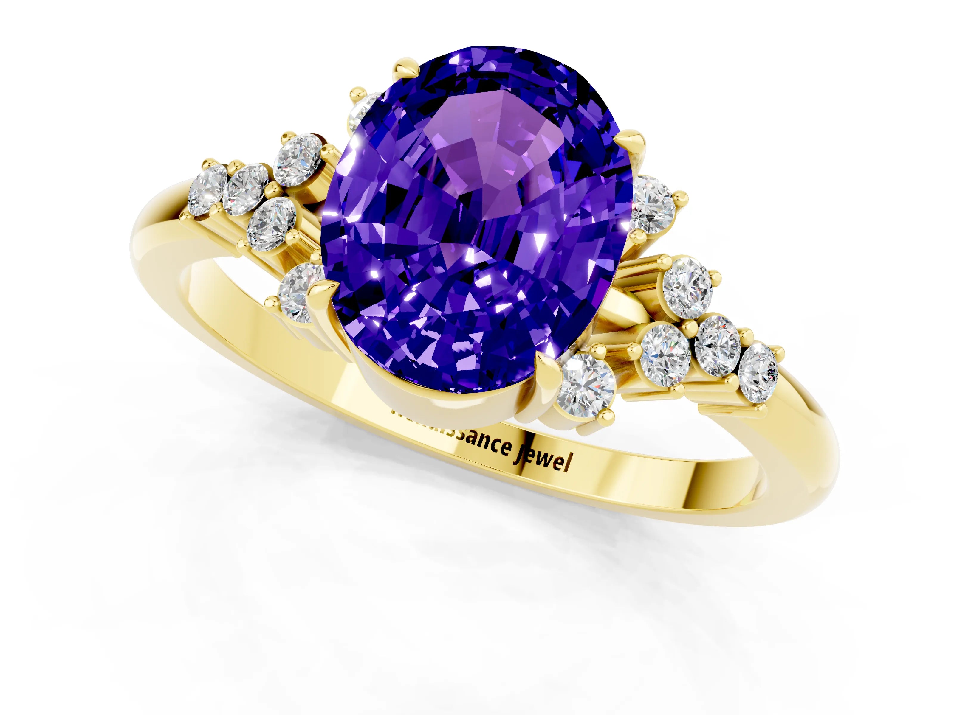 Yellow gold Oval Cut Tanzanite Ring with Side Stones and Four-Prong Setting_73