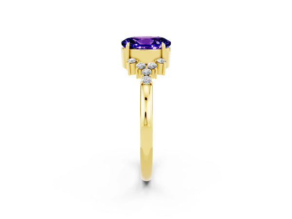 Yellow gold Oval Cut Tanzanite Ring with Side Stones and Four-Prong Setting