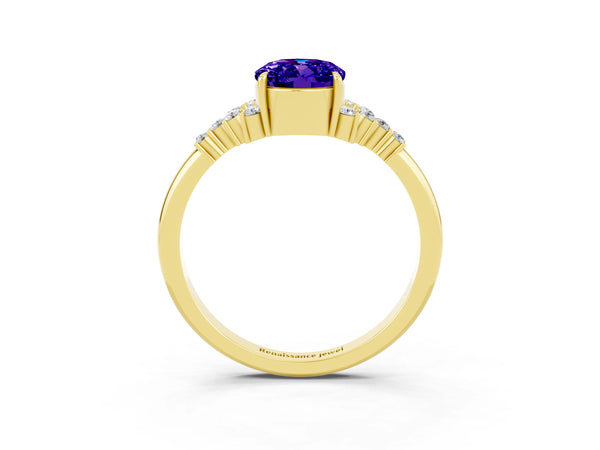 Yellow gold Oval Cut Tanzanite Ring with Side Stones and Four-Prong Setting