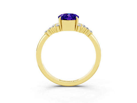 Yellow gold Oval Cut Tanzanite Ring with Side Stones and Four-Prong Setting_75