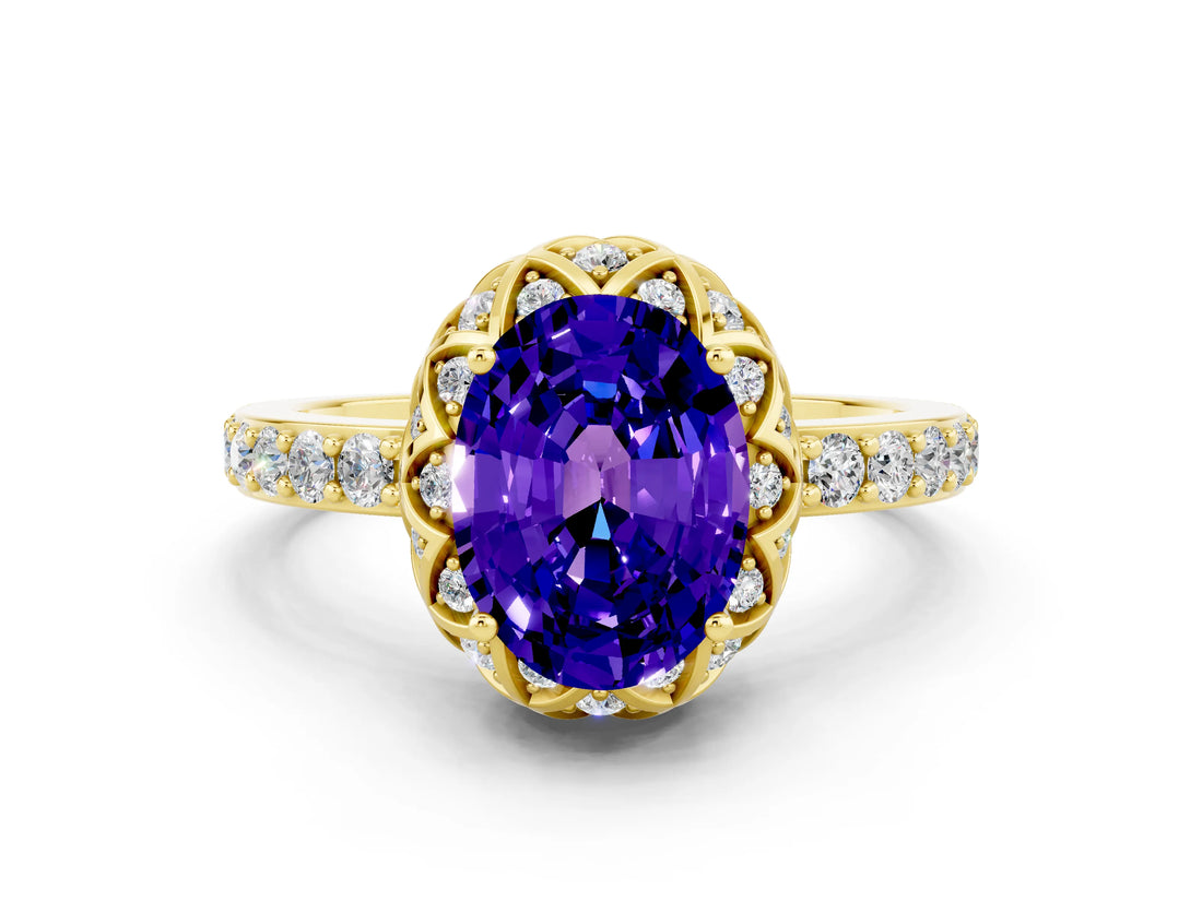 Yellow gold Oval Cut Tanzanite Scalloped Halo Engagement Ring with Round Shared Prong Band_12