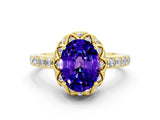 Yellow gold Oval Cut Tanzanite Scalloped Halo Engagement Ring with Round Shared Prong Band_12