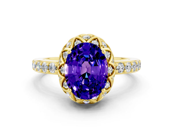Yellow gold Oval Cut Tanzanite Scalloped Halo Engagement Ring with Round Shared Prong Band