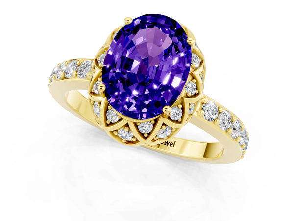 Yellow gold Oval Cut Tanzanite Scalloped Halo Engagement Ring with Round Shared Prong Band
