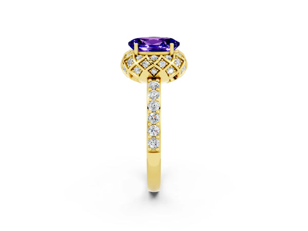 Yellow gold Oval Cut Tanzanite Scalloped Halo Engagement Ring with Round Shared Prong Band