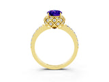 Yellow gold Oval Cut Tanzanite Scalloped Halo Engagement Ring with Round Shared Prong Band_15