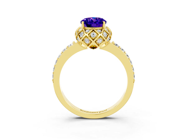 Yellow gold Oval Cut Tanzanite Scalloped Halo Engagement Ring with Round Shared Prong Band