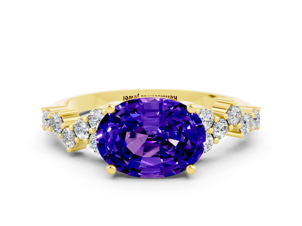 Yellow gold Oval Cut Tanzanite Scattered Round Accent Ring with Prong Setting