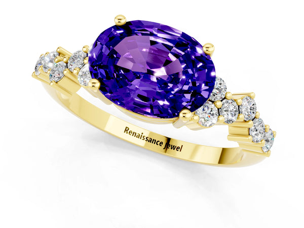 Yellow gold Oval Cut Tanzanite Scattered Round Accent Ring with Prong Setting