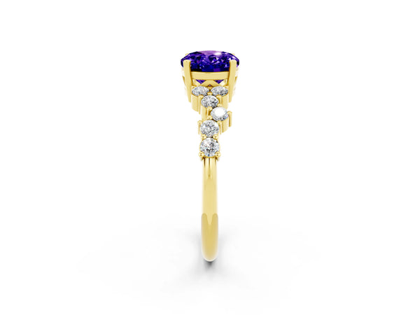 Yellow gold Oval Cut Tanzanite Scattered Round Accent Ring with Prong Setting