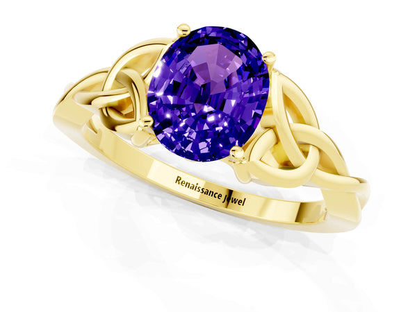 Yellow gold Oval Cut Tanzanite Solitaire Celtic Knot Ring with Four-Prong Setting